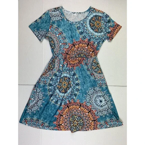 Women Dress Sz L Large Short Sleeve Pleated Pockets Stretch Elastic Waist Casual - Picture 4 of 12